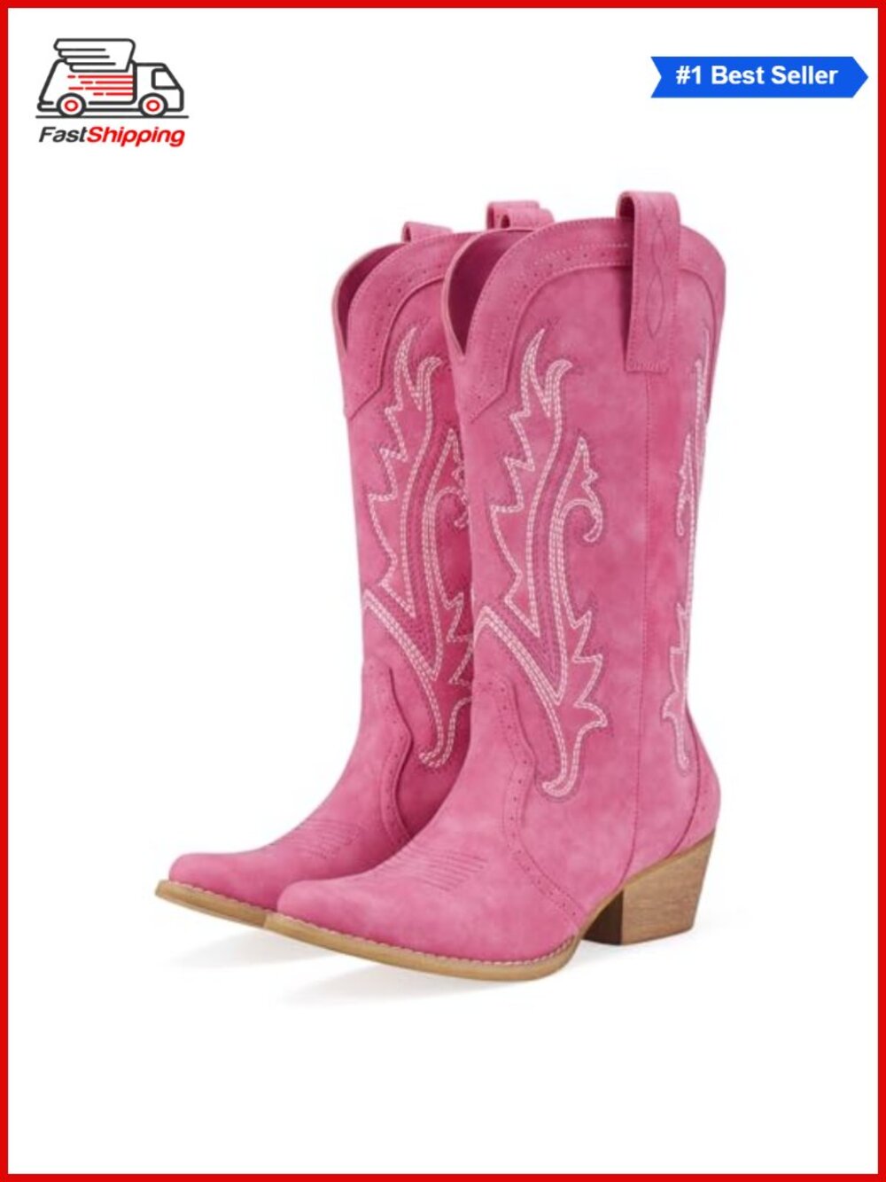✨Faux Leather Cowboy Boots Women Western Pointed Toe Mid Calf